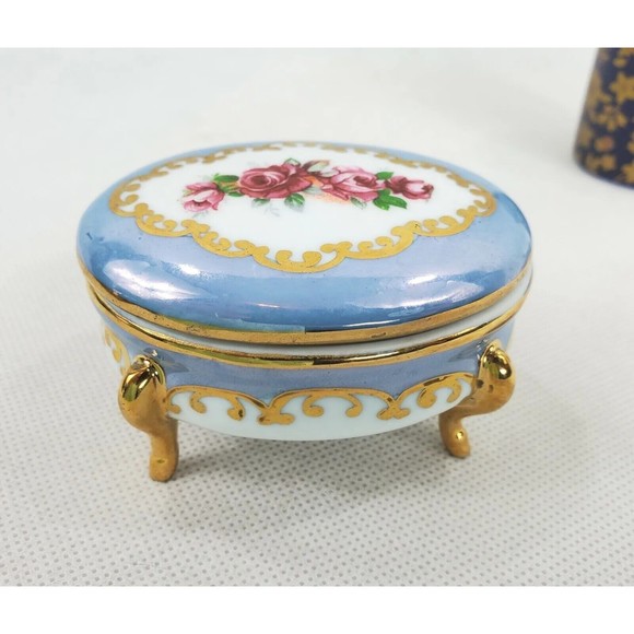 Lot of 3 Porcelain Trinket Boxes Pink Flowers Red Roses Purple Flowers Gold Trim - Picture 2 of 11